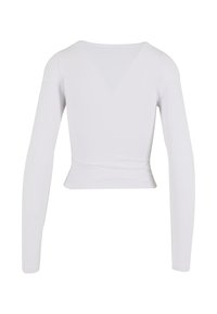 Weißes Langarm-Crop-Top aus glattem Stoff, mit rundem Halsausschnitt und taillierter Passform mit leichtem Taillenschnitt. Geprägt von klaren Linien.