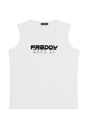 Canotta bianca senza maniche con testo nero "FREDDY" e "MOOD UP" stampato sul petto.