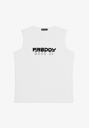 Chemise blanche sans manches avec les textes noirs "FREDDY" et "MOOD UP" imprimés sur la poitrine.