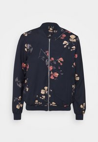 Chaqueta bomber en color marino con estampado floral en rosa, amarillo y blanco. Presenta un cierre de cremallera, puños acanalados y dobladillo elástico.