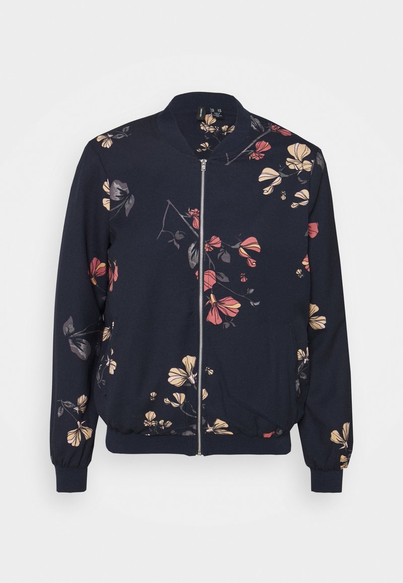 Chaqueta bomber en color marino con estampado floral en rosa, amarillo y blanco. Presenta un cierre de cremallera, puños acanalados y dobladillo elástico.