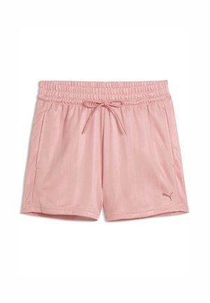 Ανοιχτό ροζ αθλητικό σορτς με ελαστική μέση, κορδόνι, πλαϊνές τσέπες και διακριτικό λογότυπο Puma στο κάτω δεξί πόδι.