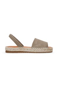 Sandali espadrilles in suede beige con suola piatta, design open toe e finiture in juta intrecciata. Presentano una comoda fascia slingback.