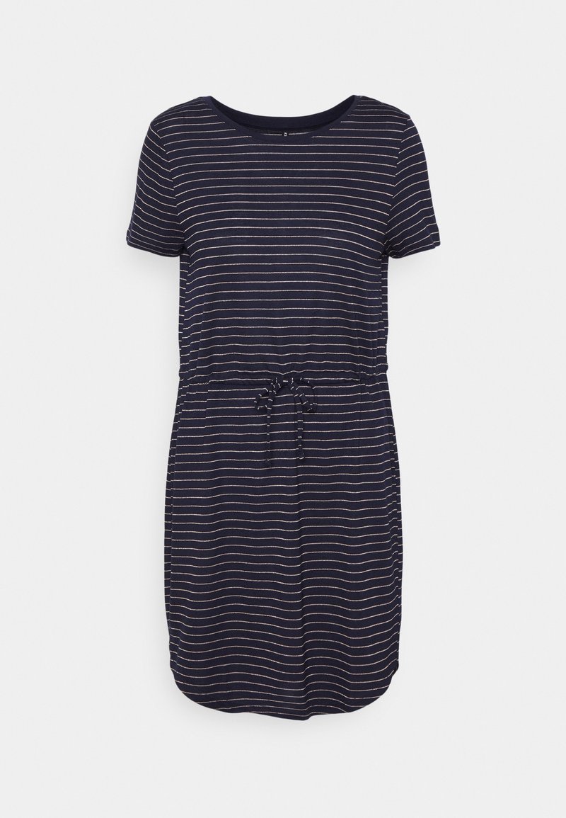 Robe bleu marine à manches courtes avec fines rayures horizontales blanches et taille à cordon, présentée sur un fond blanc uni.