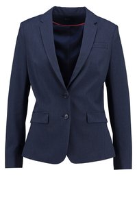 Marineblauer Blazer aus strukturiertem Stoff mit Reverskragen, einem einzelnen Knopfverschluss und zwei vorderen Taschen mit kontrastierender Innenseite.