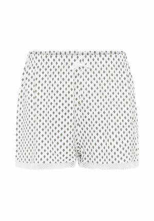 Weiße Shorts mit kleinem schwarzem Rautenmuster, Tunnelzug am Bund und Spitzenbesatz am Saum, auf einfarbigem Hintergrund präsentiert.