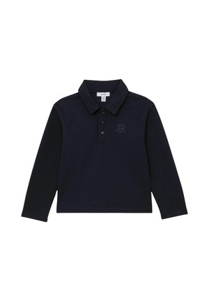 Tricou polo cu mânecă lungă, de culoare bleumarin, cu guler, nasturi cu plastron cu trei nasturi și un logo brodat subtil pe piept. Material moale și culoare solidă.