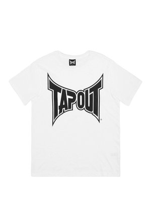 Biele bavlnené tričko s veľkým čiernym nápisom "TAPOUT" na prednej strane. Krátke rukávy, okrúhly výstrih, voľný strih. Hladká textúra.