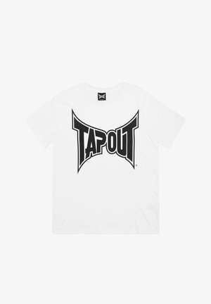 Biele bavlnené tričko s veľkým čiernym nápisom "TAPOUT" na prednej strane. Krátke rukávy, okrúhly výstrih, voľný strih. Hladká textúra.