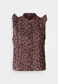 Blouse noire sans manches avec motif floral rose, épaules à volants et fermeture à boutons sur le devant.