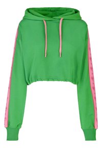 Felgroene cropped hoodie met roze trekkoorden, lange mouwen en roze zijstrepen met subtiele patronen. Zachte stoftextuur, ontspannen pasvorm.