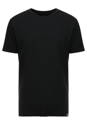 T-shirt in cotone nero con scollatura a girocollo, maniche corte e sottili righe bianche vicino all'orlo per un tocco di dettaglio. Tessuto morbido e vestibilità standard.