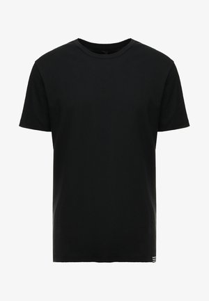 Sort bomulds T-shirt med rund hals, korte ærmer og minimale hvide striber nær kanten for detaljens skyld. Blød tekstur og normal pasform.