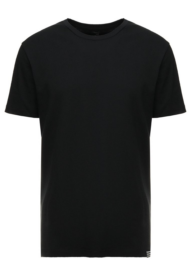 Černé bavlněné tričko s kulatým výstřihem, krátkými rukávy a minimálními bílými pruhy blízko zakončení pro detail. Měkká textilie a standardní střih.