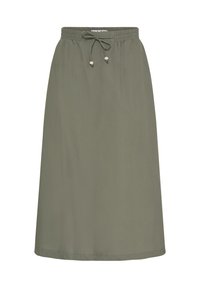 Jupe longueur genou vert olive avec taille élastique et cordon décoré de petites perles en bois.