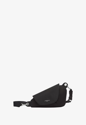 Black sling bag with a flap closure, made of textured material. Features a silver hardware detail and an adjustable strap.