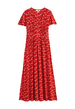 Rdeča midi obleka s kratkimi rokavi, V-izrezom, nabranim pasom in majhnim rožnatim in belim cvetličnim vzorcem.