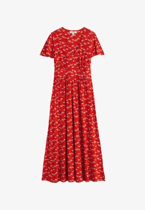 Rdeča midi obleka s kratkimi rokavi, V-izrezom, nabranim pasom in majhnim rožnatim in belim cvetličnim vzorcem.