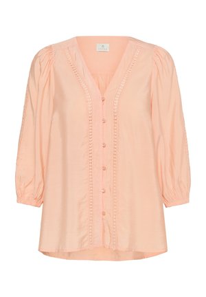 Peach-colored blouse with a V-neck, button-down front, and 3/4 puff sleeves. Features lace trim along the placket and soft fabric texture.