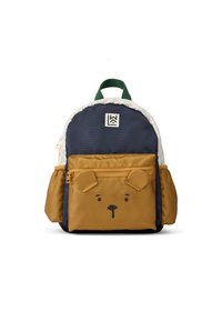 Navy and tan children's backpack featuring a bear face design, green handle, white trim, and zippered front pocket with ears. Durable fabric.