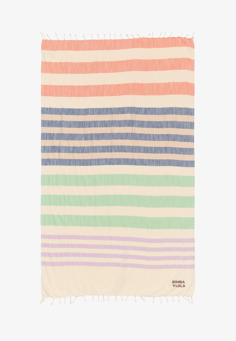 Pyyhe ranta, joka on valmistettu puuvillasta ja siinä on vaakasuoria raitoja korallinpunaisena, beigena, laivastonsinisenä, vihreänä ja laventelinvärisenä. Reunoissa on fringed yksityiskohtia ja merkinnät kulmassa.