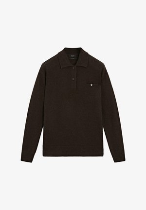 Dark brown knit sweater with a fold-over collar, three button placket, and a small chest pocket featuring a metallic button detail.