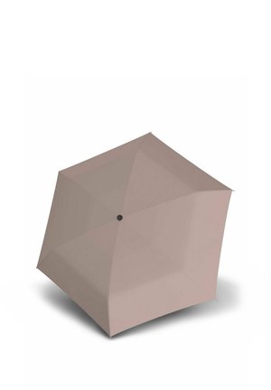 Closed taupe umbrella viewed from above, showing hexagonal shape and central black button on a white background.