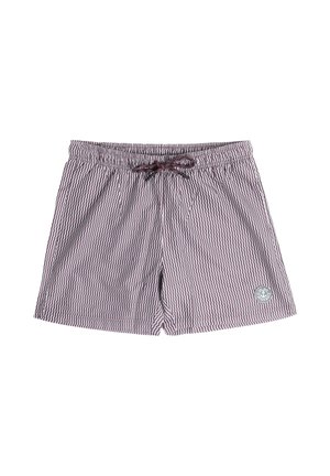 Bañadores de hombre a rayas con cintura elástica, cordón y parche circular con el logo en la pierna izquierda.