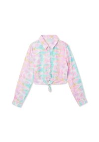 Camicia corta con bottoni realizzata in tessuto leggero, caratterizzata da un motivo tie-dye pastello con tonalità di rosa, blu e giallo. Dettaglio con nodo anteriore.