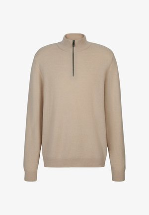 Beiger Strickpullover mit hohem Kragen, halbem Reißverschluss vorne, gerippten Bündchen und Saum sowie einer weichen Textur. Einfaches und klassisches Design.