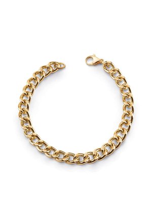 Bransoletka z grubym łańcuchem w złotym odcieniu z ogniwami curb i zapięciem typu lobster na białym tle.
