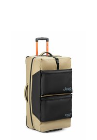 Valigia rotolante beige e nera con doppie tasche frontali, manico telescopico arancione, tessuto morbido e logo Jeep. Presenta una maniglia laterale e ruote.