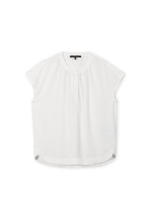 White short-sleeve blouse with a round neckline, subtle pintuck detailing, and a straight hem, made of lightweight fabric.