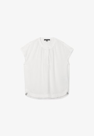 White short-sleeve blouse with a round neckline, subtle pintuck detailing, and a straight hem, made of lightweight fabric.