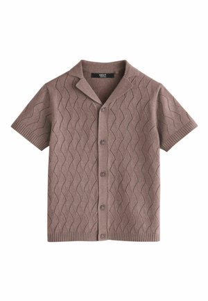 Cardigan en maille marron à manches courtes avec motif en zigzag, col pointu et boutons sur le devant, étiquette "NEXT" à l'intérieur du col.