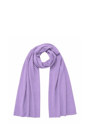 Miękki lawendowy szalik wyłożony płasko z pętlą na środku, prezentujący gładką teksturę i prostokątny kształt na białym tle.