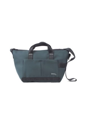 Borsa a tracolla grigia scura con due manici superiori, tracolla regolabile, chiusura con zip e tasca frontale. Presenta una texture liscia e un branding minimali.