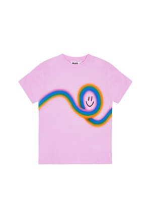Lyserød t-shirt i bomuld med korte ærmer, der har et farverigt spiraldesign og et smiley ansigt. Glat tekstur; afslappet stil.