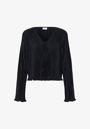 Fekete, redőzött, hosszú ujjú blúz V-nyakkal és elöl megkötős részlettel. Az anyag puha, textúrált megjelenéssel és folyékony vonalvezetéssel.