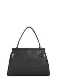 Black leather handbag with a structured design, smooth texture, and dual top handles. Features gold-tone hardware and side loops.