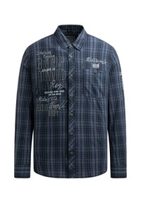 Langärmliges Hemd mit blauen Karos aus gewebtem Stoff, ausgestattet mit einem Button-Down-Kragen, einer Brusttasche und bedruckten Textdesigns auf der Vorderseite.