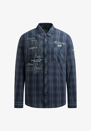 Blue plaid long-sleeve shirt made of woven fabric, featuring a button-down collar, chest pocket, and printed text designs on the front.