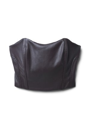 Bustino in pelle marrone scuro con silhouette strutturata, caratterizzato da bordi curvi e dettagli di cuciture sui lati. Texture liscia.