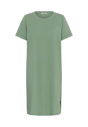 Hellgrünes Midi-Kleid mit kurzen Ärmeln, rundem Ausschnitt und seitlichem Schlitz, gefertigt aus weichem, glattem Stoff.