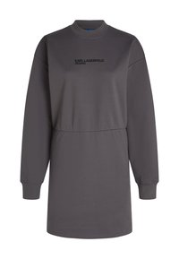 Mørkegrå sweatshirtkjole med lange ermer, rund hals og tettsittende liv. Har "KARL LAGERFELD JEANS"-logo i svart over brystet.