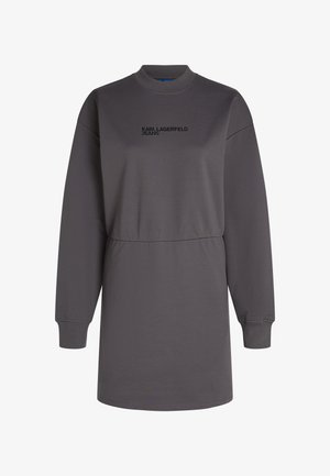 Vestido de sweatshirt cinza escuro com mangas longas, gola redonda e cintura ajustada. Apresenta o logotipo "KARL LAGERFELD JEANS" em preto ao longo do peito.