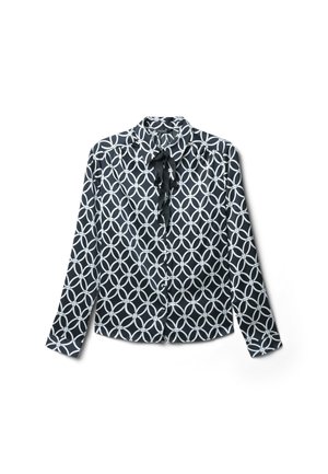 Camicia a maniche lunghe blu scuro con pattern circolare bianco e un accento cravatta. Tessuto morbido con un design del colletto classico.