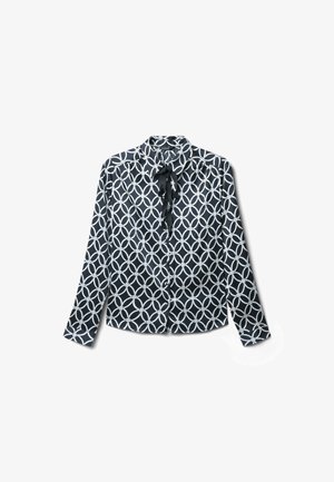Camicia a maniche lunghe blu scuro con pattern circolare bianco e un accento cravatta. Tessuto morbido con un design del colletto classico.