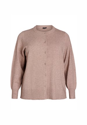 Ljusbrun kofta i mjukt stickat material, med rund halsringning, långa ärmar och sex knappar framtill.