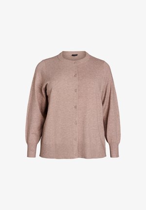 Svetlo rjav pleten pulover z okroglim izrezom, dolgimi rokavi in šestimi gumbi spredaj, narejen iz mehkega pletenega materiala.